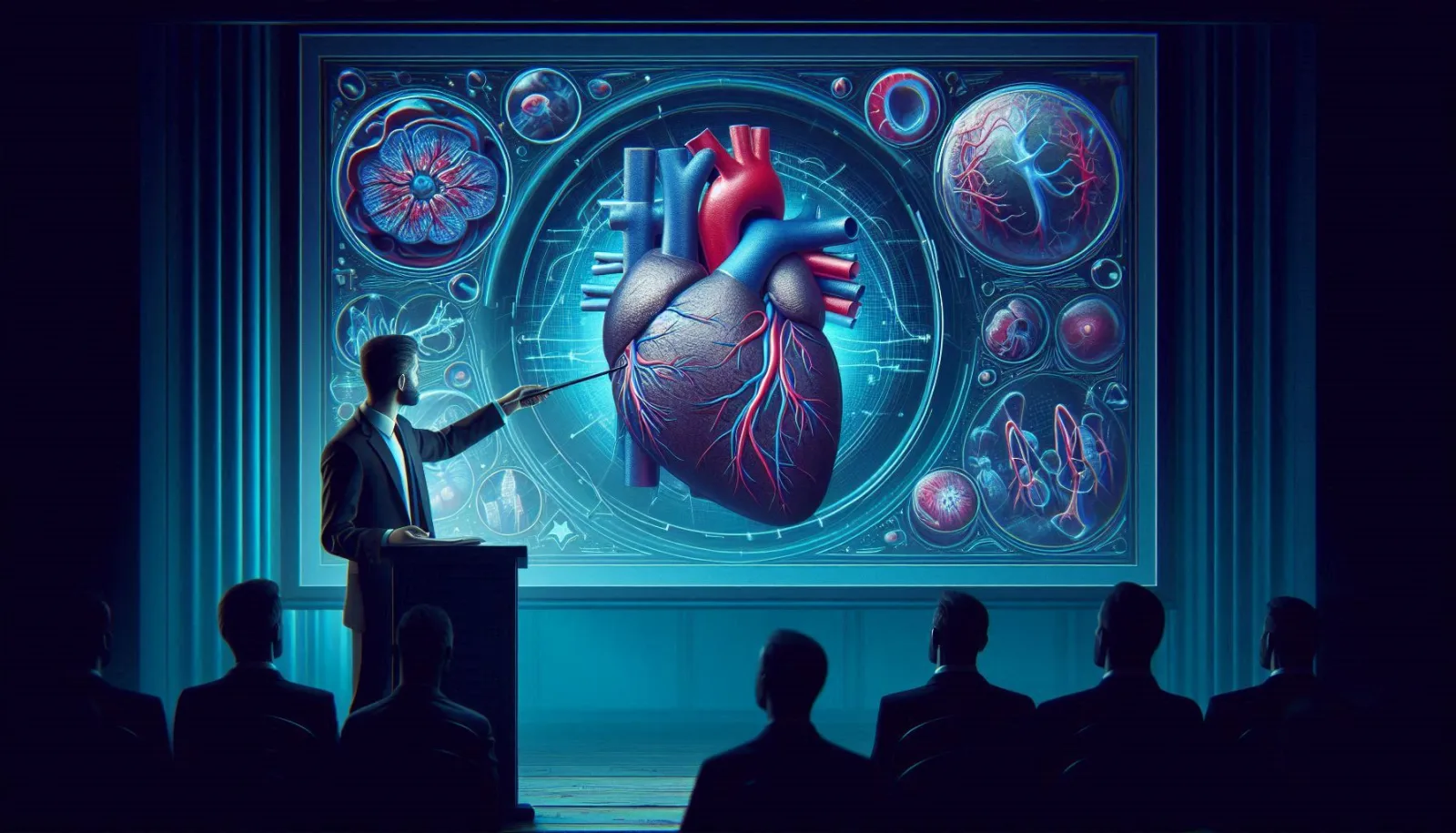 Relatore davanti a un cuore anatomico proiettato in sala