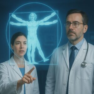 due medici che indicano un uomo vitruviano digitale